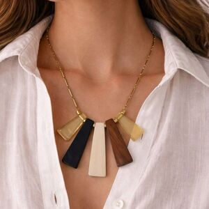 Womens Fashion Jewelry Boho Statement Necklace Gold Tone Chain Resin Wood 21”